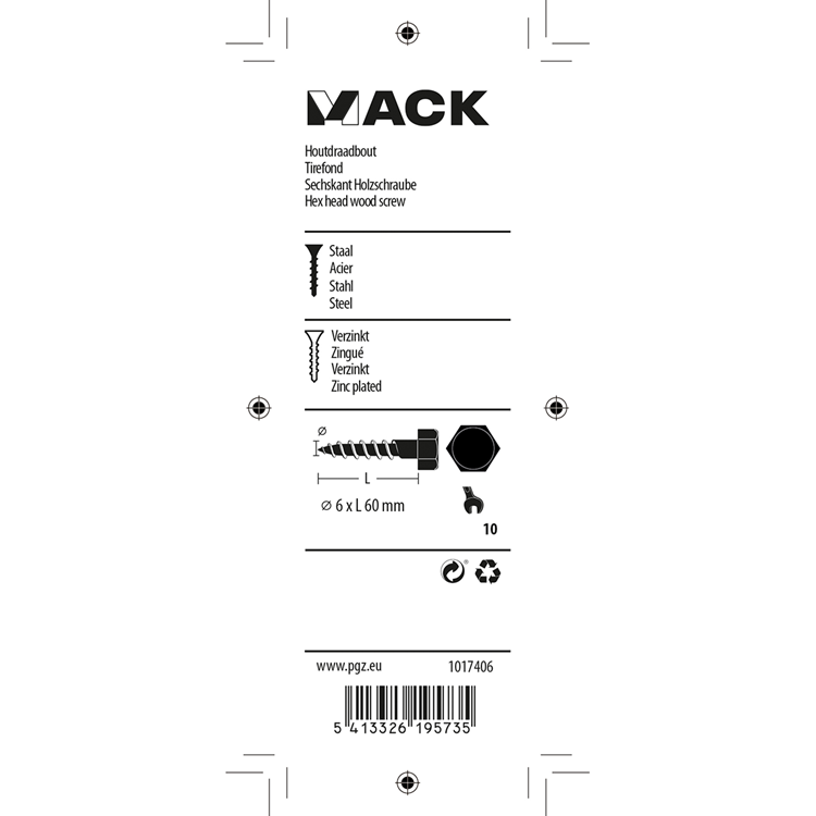 Mack 1017406 - Holzgewindebolzen Stahl verzinkt 8 Stück 6 x 60 mm | 10 Stück