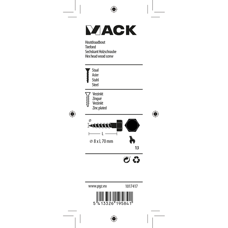 Mack 1017417 - Holzgewindebolzen Stahl verzinkt 5 Stück 8 x 70 mm | 5 Stück