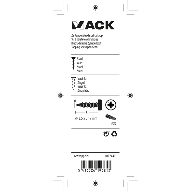 Mack 1017440 - selbstschneidende Schraube Zyl. Kopf verzinkt 25 Stück 3,5 x 19 mm | 10 Stück
