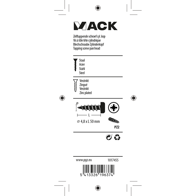 Mack 1017455 - selbstschneidende Schraube Zyl. Kopf verzinkt 7 Stück 4,8 x 50 mm | 10 Stück