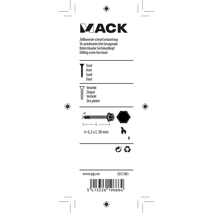 Mack 1017481 – selbstbohrende Sechskantschraube. Kopf verzinkt. 12 Stück 6,3 x 38 mm | 5 Stück