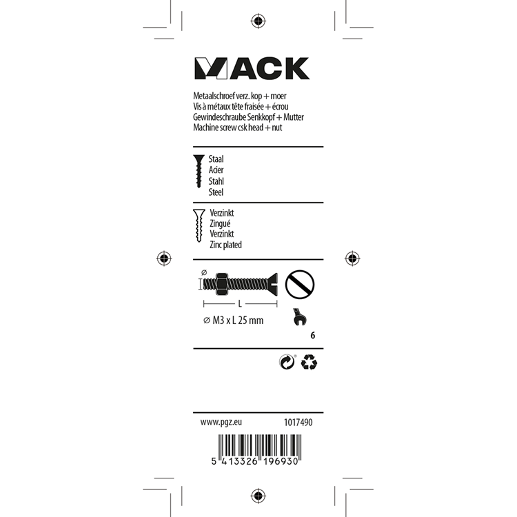 Mack 1017490 – Metallschraube verzinkt. Kopf + Mutter plattiert 22 Stück M3 x 25 mm | 10 Stück