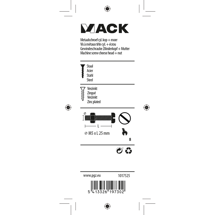 Mack 1017525 - Metallschraubzyl. Kopf + Mutter plattiert 14 Stück M5 x 25 mm | 10 Stück