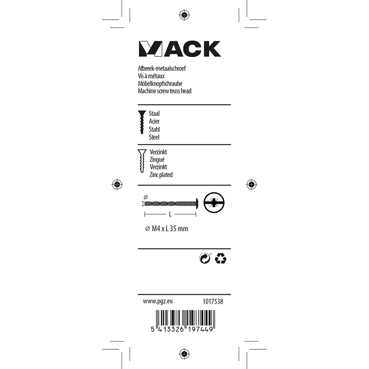 Mack 1017538 – abbrechbare Metallschraube verzinkt. 4 Stück m4 x 35 mm | 10 Stück