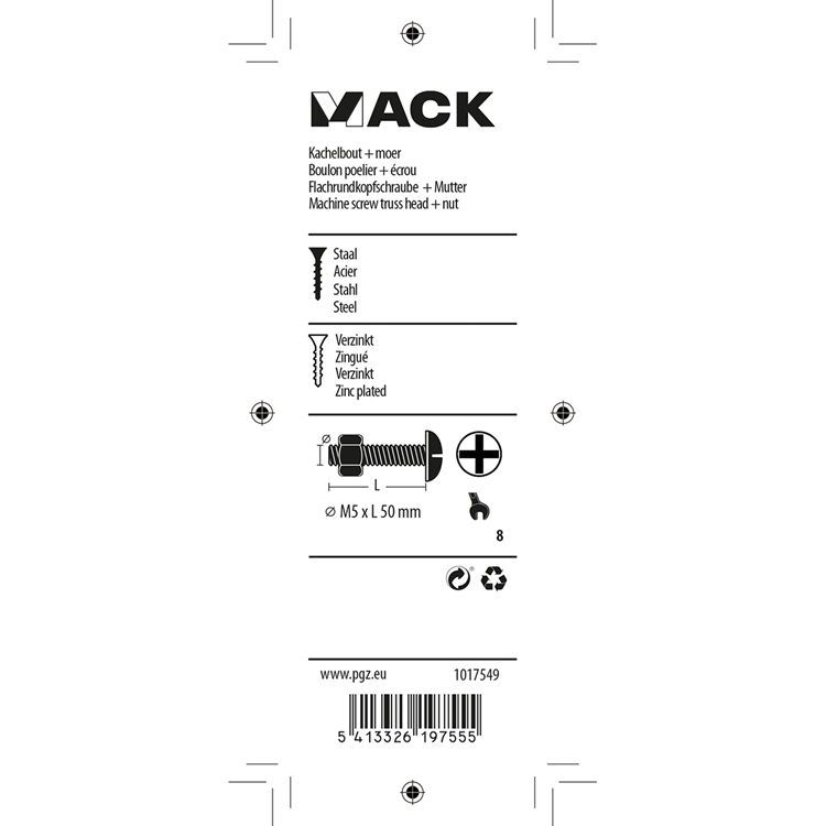 Mack 1017549 – Heizungsschraube + Mutter aus verzinktem Stahl, 8 Stück, M5 x 50 mm | 5 Stück