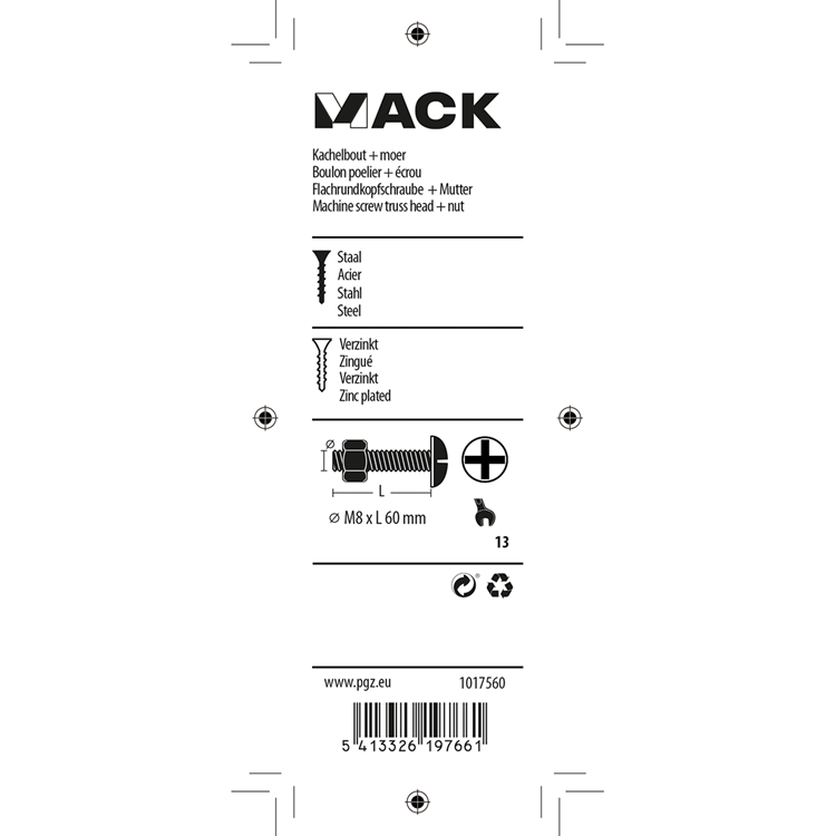 Mack 1017560 – Heizungsschraube + Mutter aus verzinktem Stahl, 4 Stück, M8 x 60 mm | 5 Stück