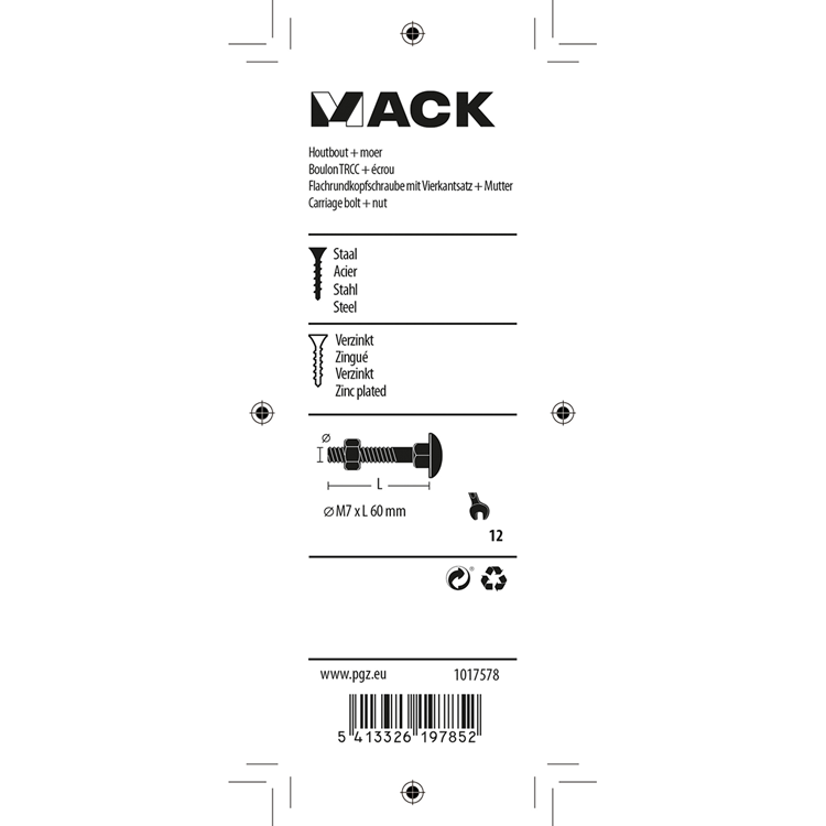 Mack 1017578 – Holzschraube + Mutter aus verzinktem Stahl, 4 Stück, M7 x 60 mm | 5 Stück