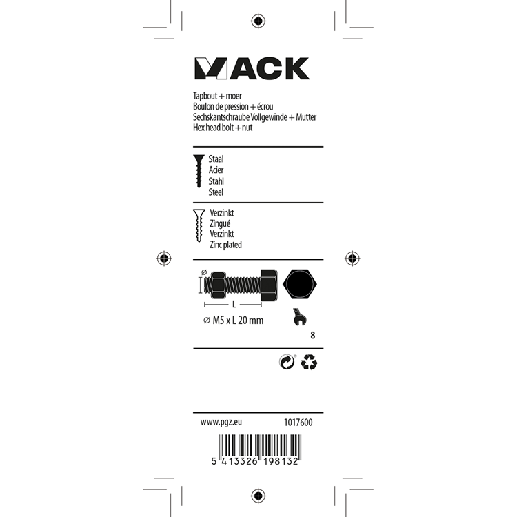 Mack 1017600 – Hahnschraube + Mutter aus verzinktem Stahl, 14 Stück, M5 x 20 mm | 10 Stück