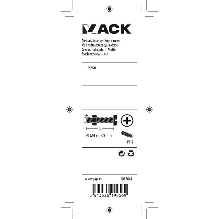 Mack 1017641 - Metallschraubzyl. Kopf + Mutter Nylon 6 Stück M4 x 30 mm | 10 Stück