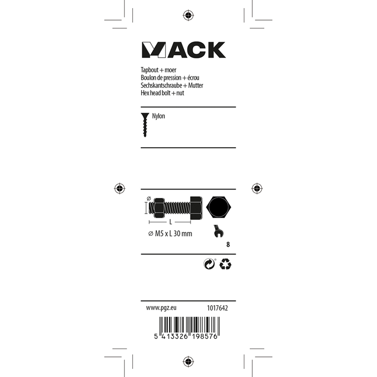 Mack 1017642 – Hahnschraube + Mutter Nylon 6 Stück M5 x 30 mm | 10 Stück