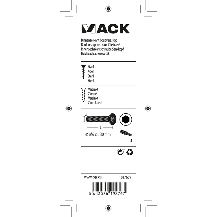 Mack 1017659 – Innensechskantschraube plattiert. Kopfkond. 6 Stück m6x30 | 10 Stück