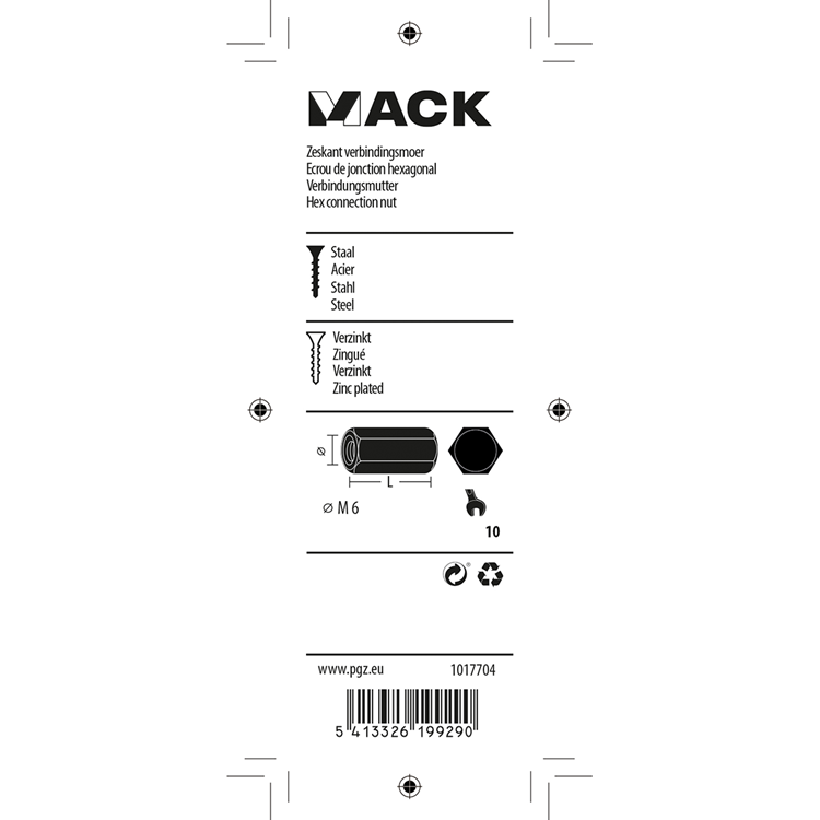 Mack 1017704 - Sechskant-Verbindungsmutter verzinkt 3 Stück M6 | 10 Stück