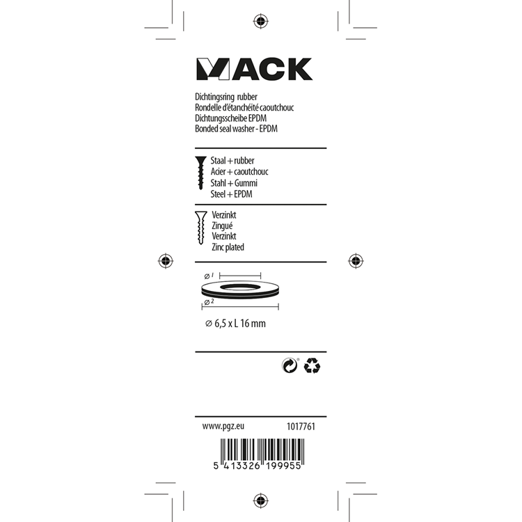 Mack 1017761 - Dichtring Gummi verzinkt 15 Stück 6,5 x 16 mm | 10 Stück