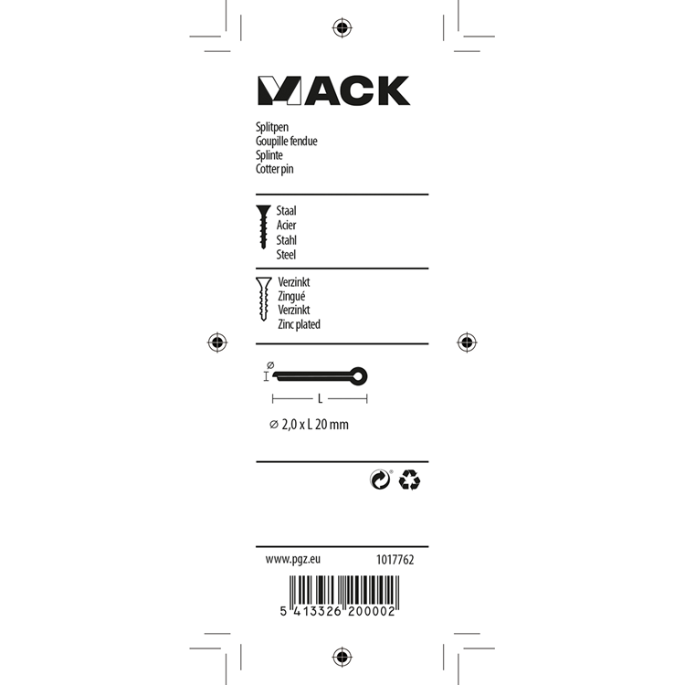 Mack 1017762 - Splint verzinkter Stahl 22 Stück 2,0 x 20 mm | 10 Stück