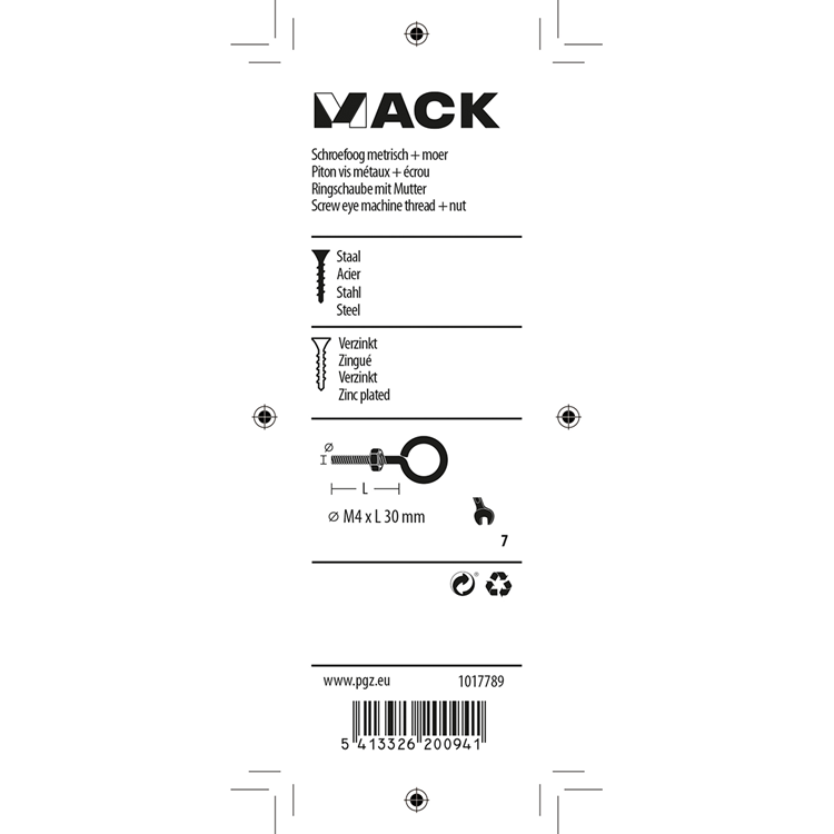 Mack 1017789 – metrische Ösenschraube + Mutter verzinkt 5 Stück M4 x 30 mm | 10 Stück