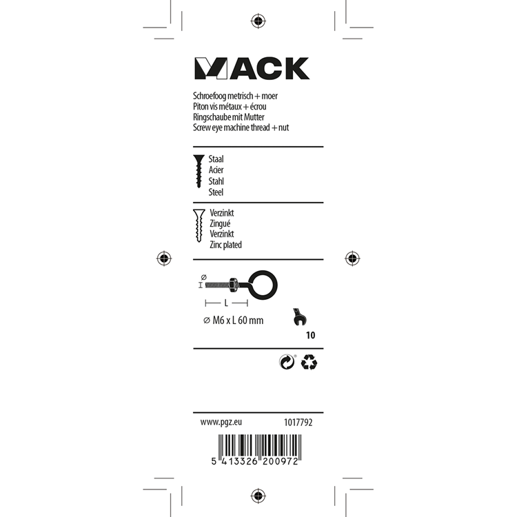 Mack 1017792 – metrische Ösenschraube + Mutter verzinkt 3 Stück M6 x 60 mm | 10 Stück