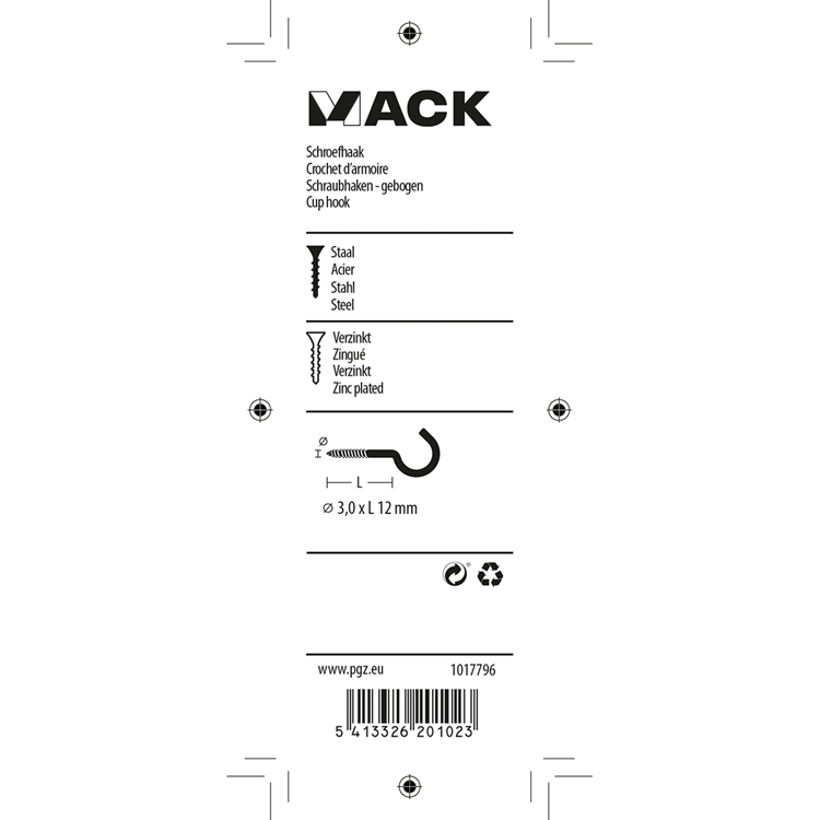 Mack 1017796 - Schraubhaken Stahl verzinkt 15 Stück 3,0 x 12 mm | 10 Stück