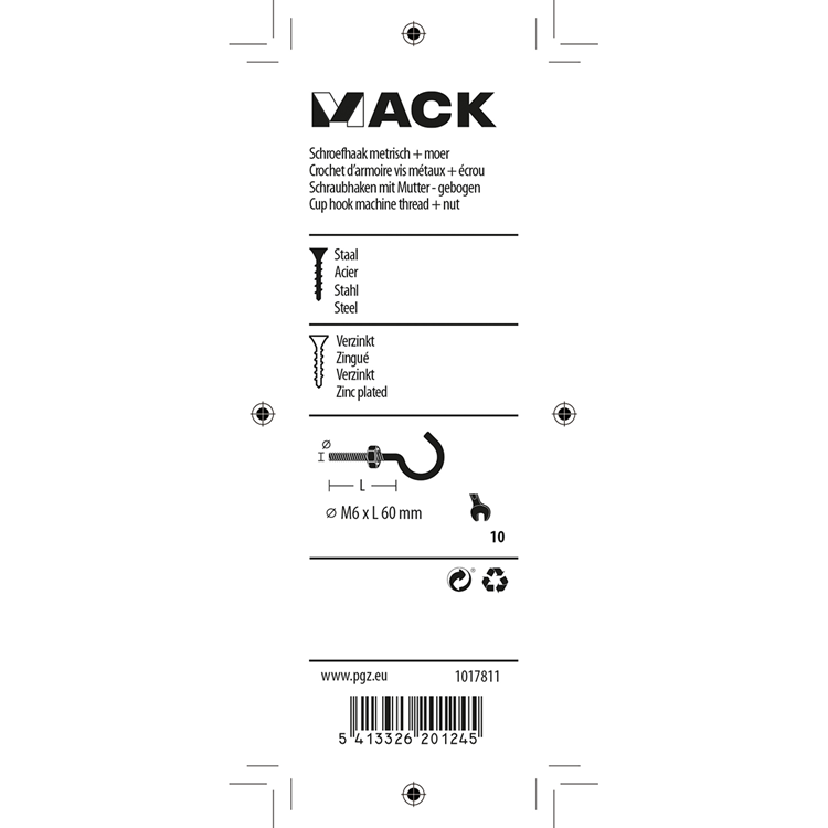 Mack 1017811 – metrischer Schraubhaken + Mutter verzinkt 3 Stück M6 x 60 mm | 10 Stück