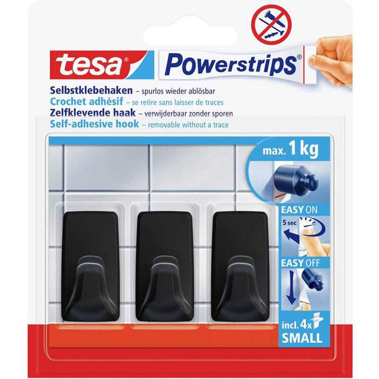 Tesa 1072302 – Steckdosenleisten gerade Haken s 3 Stück schwarz, 1 kg | 6 Stück