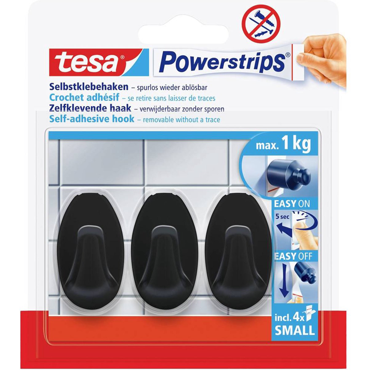Tesa 1072301 - Steckdosenleisten ovale Haken s schwarz, 1kg | 6 Stück