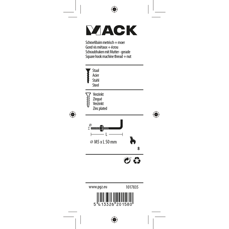 Mack 1017835 – metrische Schraube Zoll + Mutter Stahl 4 Stück M5 x 50 mm | 10 Stück