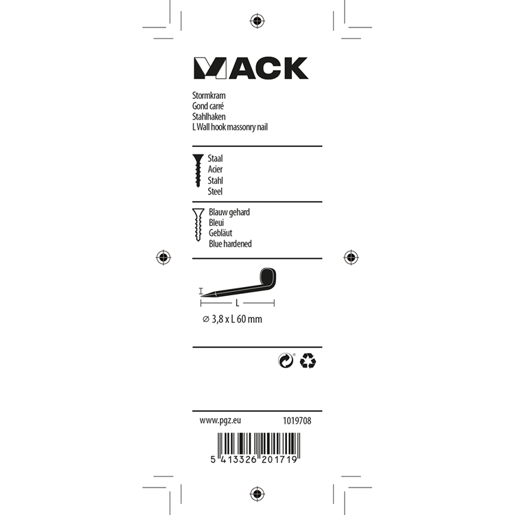 Mack 1019708 - Balkenhaken gebläuter Stahl 6 Stück 3,8 x 60 mm | 5 Stück