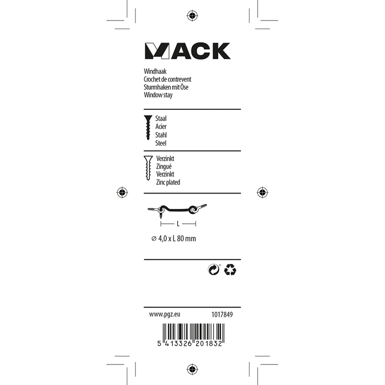 Mack 1017849 – Windhaken aus verzinktem Stahl, 2 Stück, 4,0 x 80 mm | 5 Stück