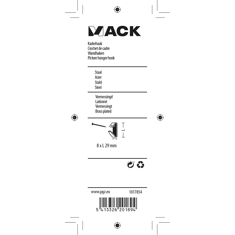 Mack 1017854 - Rahmenhaken Stahl vermessingt 10 Stück 8 x 29 mm | 10 Stück