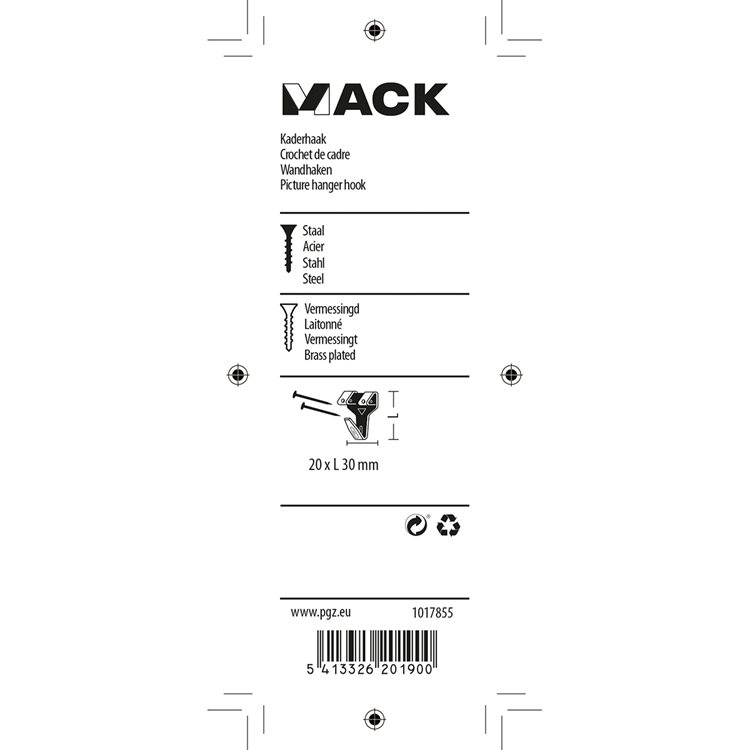 Mack 1017855 - Rahmenhaken Stahl vermessingt 6 Stück 20 x 30 mm | 5 Stück