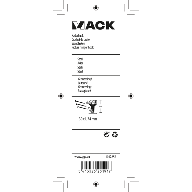 Mack 1017856 - Rahmenhaken Stahl vermessingt 4 Stück 30 x 34 mm | 5 Stück