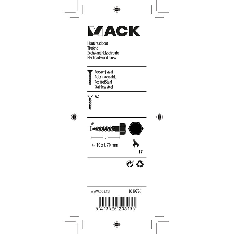 Mack 1019776 - Holzgewindebolzen Edelstahl 2 Stück 10 x 70 mm | 10 Stück