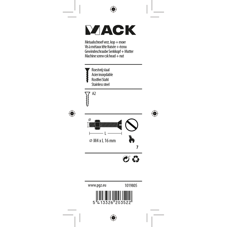 Mack 1019805 – Metallschraube verzinkt. Kopf + Mutter Edelstahl 13 Stück M4x16 | 10 Stück