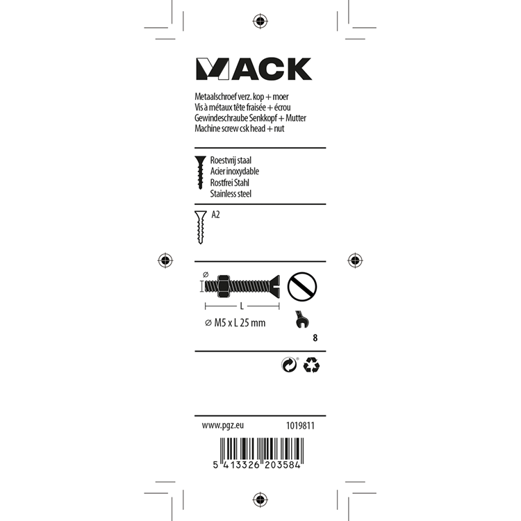Mack 1019811 – Metallschraube verzinkt. Kopf + Mutter Edelstahl 6 Stück M5x25 | 10 Stück