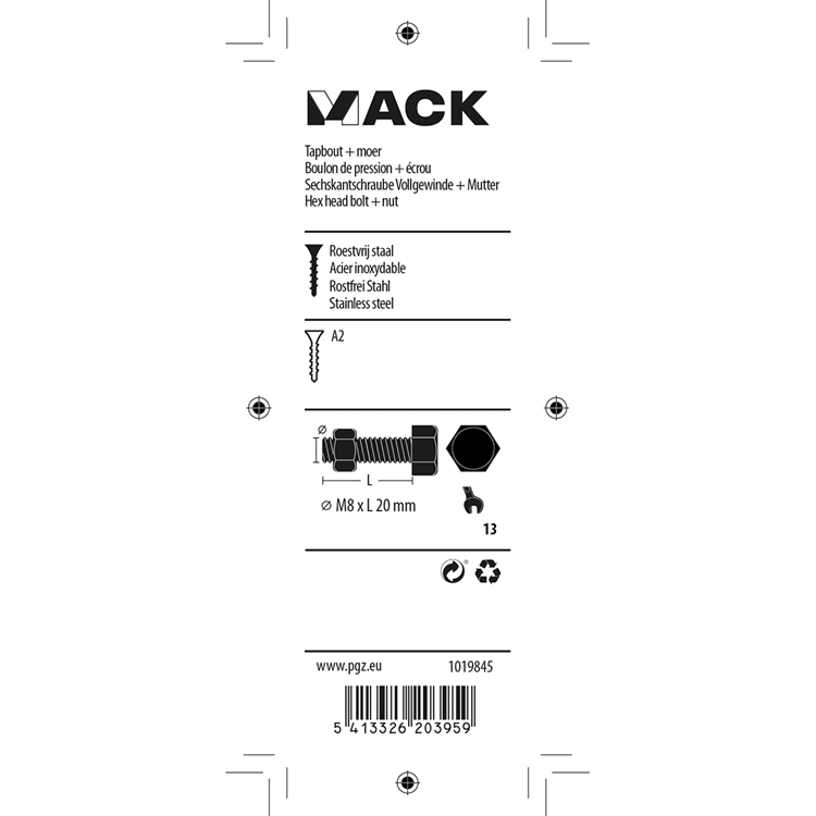 Mack 1019845 - Hahnschraube + Mutter Edelstahl 2 Stück M8x20 | 10 Stück