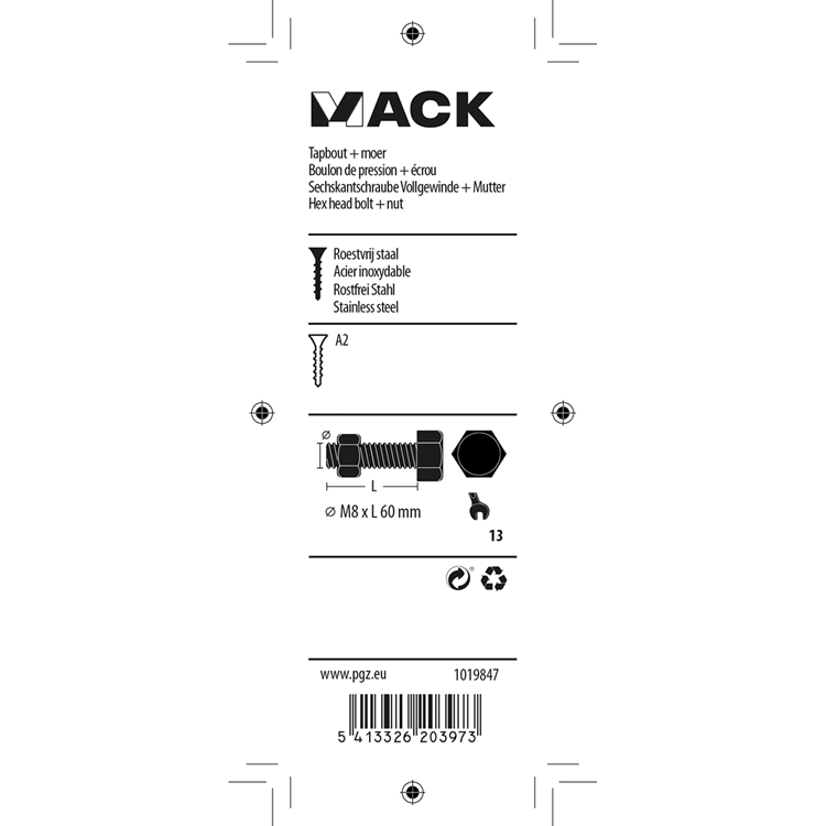 Mack 1019847 - Hahnschraube + Mutter Edelstahl 2 Stück M8x60 | 10 Stück
