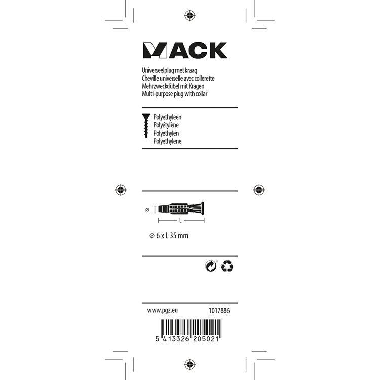 Mack 1017886 - Universalstecker mit Kragen Polyethylen.20 Stück 6 x 35 mm | 5 Stück