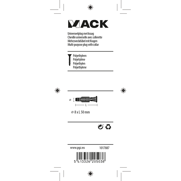 Mack 1017887 - Universalstecker mit Kragen Polyethylen.12 Stück 8 x 50 mm | 5 Stück