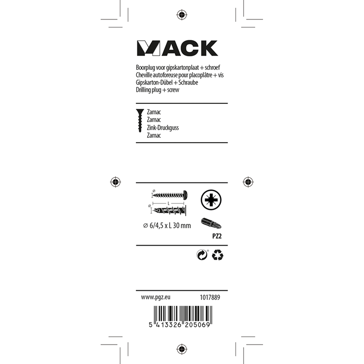 Mack 1017889 – Bohrdübel für Gipskartonplatte + Schraube Zamak 4 Stück 6 x 38 mm | 10 Stück