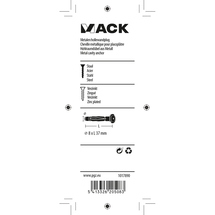 Mack 1017890 - Metall-Hohlwanddübel verzinkt 4 Stück 8 x37 mm | 10 Stück