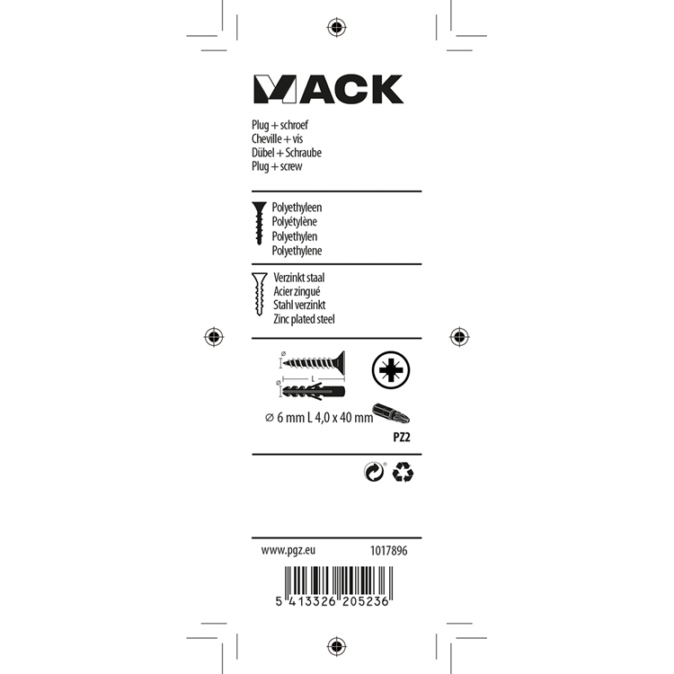 Mack 1017896 - Dübel + Schraube Polyethylen 20 Stück 6 mm 4,0 x 40 mm | 5 Stück