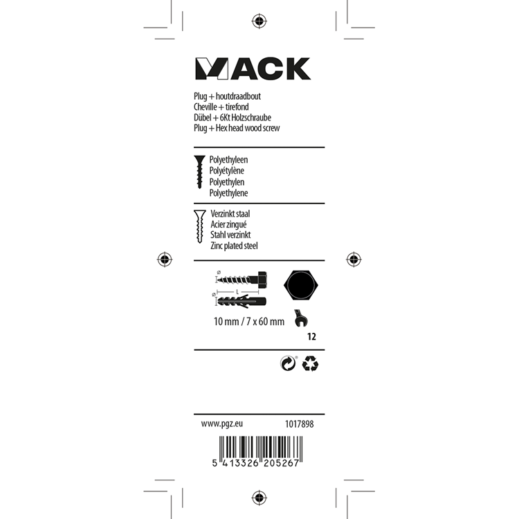 Mack 1017898 - Dübel + Holzgewindebolzen Polyeth 4 Stück 10 mm 7x60 mm | 5 Stück