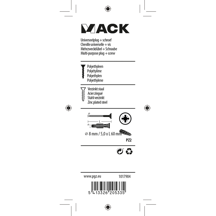 Mack 1017904 – Universalstecker + Schraube Polyeth8 Stk. 8 mm 5,0 x 60 mm | 5 Stück