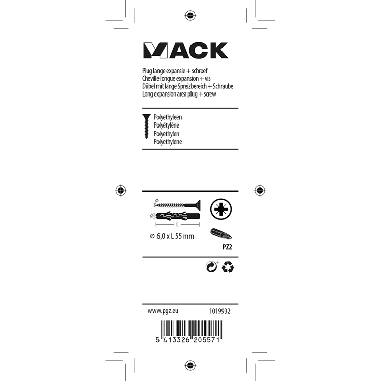 Mack 1019932 - Stecker lang exp.polyeth. + scr. 4x70 12 Stück 6 x 55 mm | 5 Stück