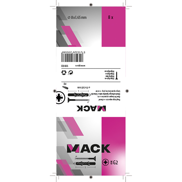 Mack 1019933 - Stecker lang exp.polyeth. + scr. 5x80 8 Stück 8 x 65 mm | 5 Stück