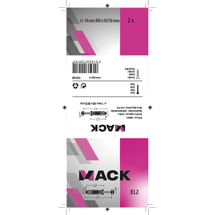 Mack 1019948 - Keilbolzen 6-kant Bolzen verzinkt 2 Stk. M8x90 14x50 | 5 Stück