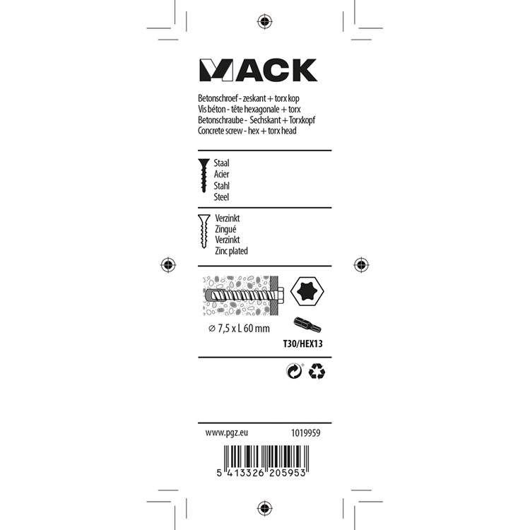 Mack 1019959 - Betonschraube verzinkt 6 Punkte 4 Stück 7,5 x 60 mm | 5 Stück