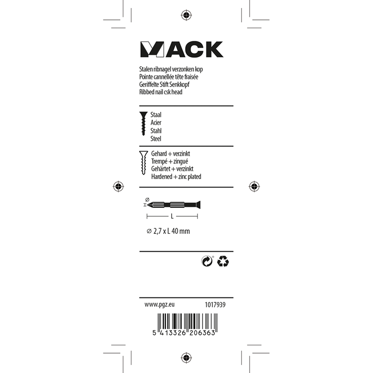 Mack 1017939 – Stahlrippennagel UK St. gehärtet + verzinkt 55 Stück 2,7 x 40 mm | 5 Stück