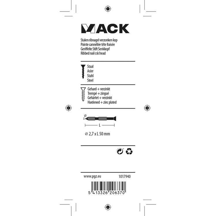 Mack 1017940 – Stahlrippennagel UK St. gehärtet + verzinkt 50 Stück 2,7 x 50 mm | 10 Stück
