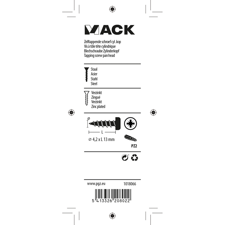 Mack 1018066 – selbstschneidende Schraube mit Zylinderkopf, verzinkt. 60 Stück 4,2 x 13 mm | 5 Stück