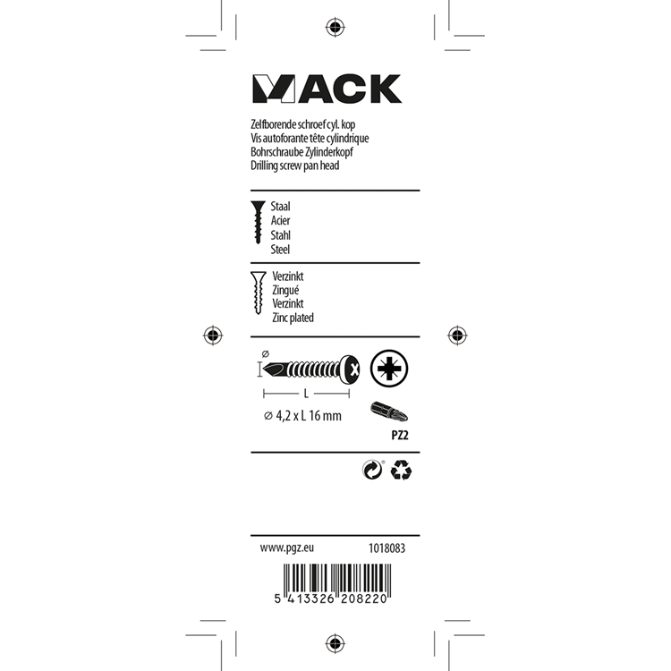 Mack 1018083 – selbstbohrende Schraube Zylinderkopf verzinkt. 85 Stück 4,2 x 16 mm | 5 Stück